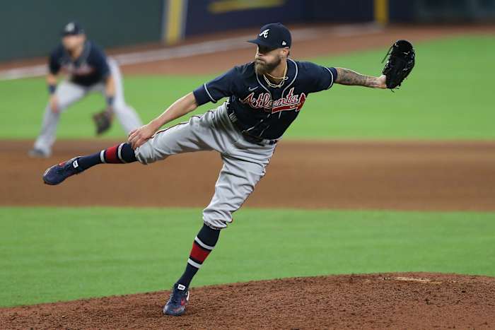Atlanta Braves RP Shane Greene follows through on pitch
